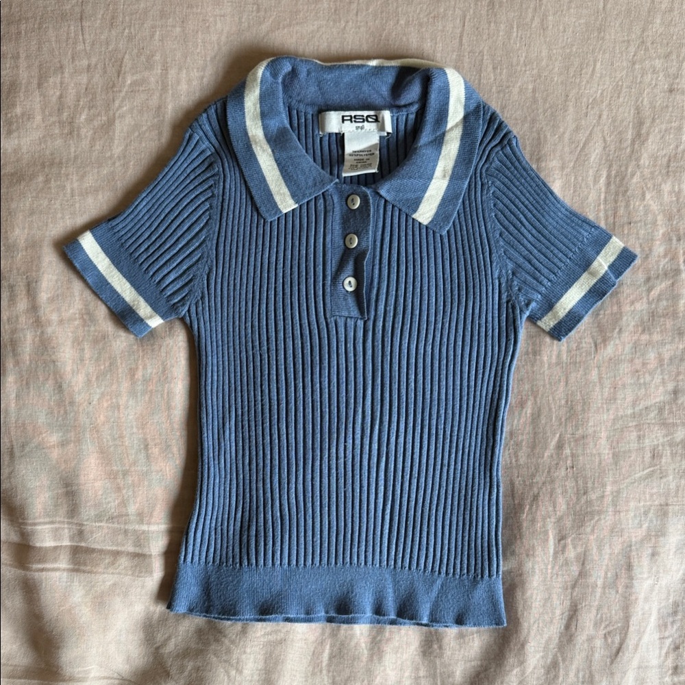 RSQ Blue and White Ribbed Girls Polo